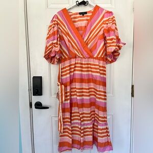 Eloquii Pink and Orange Striped Wrap Midi Dress